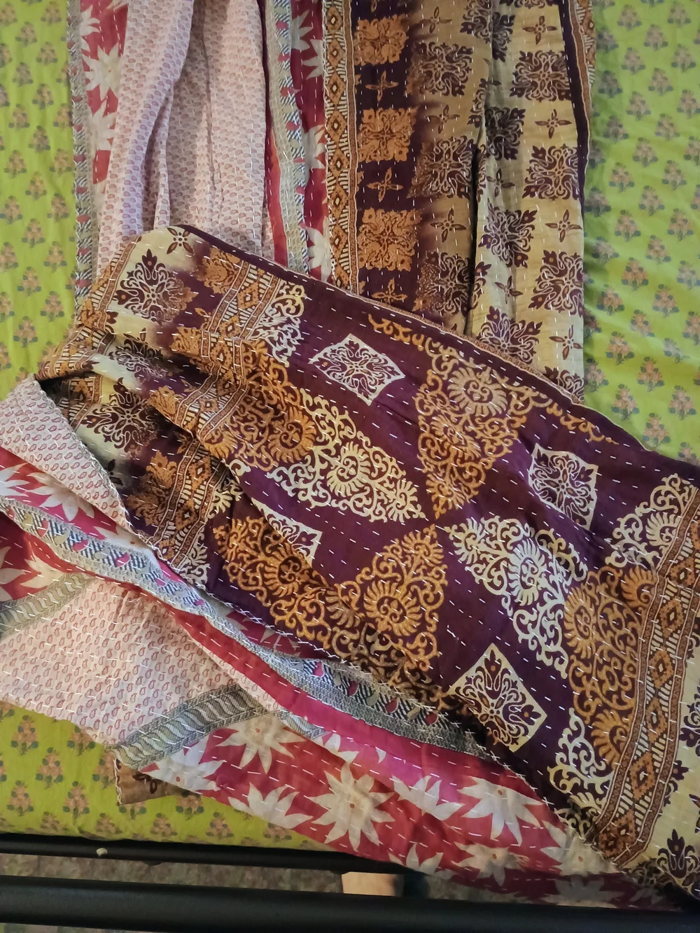 Handloom Quilted Kantha Throw - Red, Cream, Brown